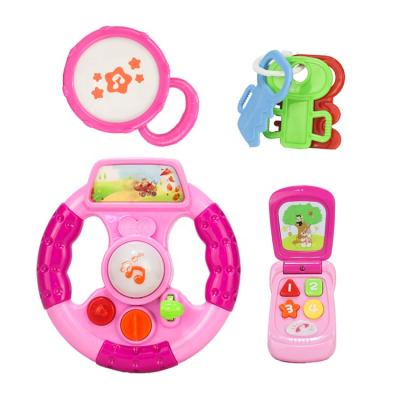 China Musical Toy Plastic Baby Rattle with light and noises, rattle set with wheel, phone, key and drum for sale