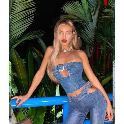 China 2022 Breathable Summer New Spring And Round Button Hollow Out Belly Button Denim Tube Girl Vest Short Skirt Pants Hot Straight Women for sale