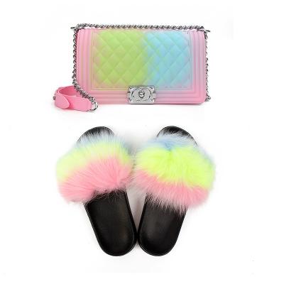 China Wholesale Top Handled Sandals and Bag Set New Arrivals Colorful Jelly Bag Handbag and Fur Slides 2021 Ladies Purse and Shoe Sets for sale