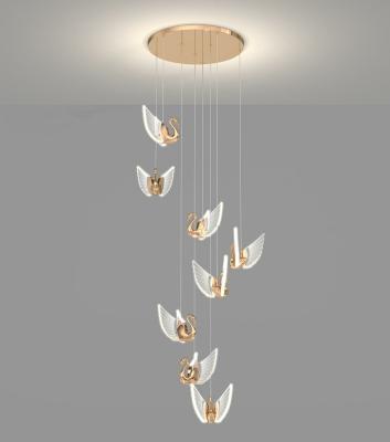 China 2022 New Design Modern Swan Shape LED Acrylic Pendant Lamp 5 Head Round Gold Metal Base 3color Light for sale