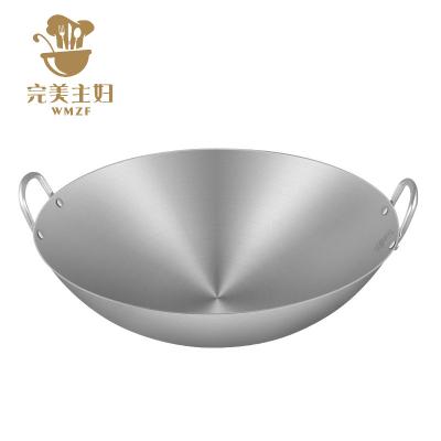 China Hot Selling Uncoated Long Lasting Stainless Steel Round Binaural Bottom Large Wok Thickened Frying Pan For Restaurant Kitchen for sale