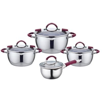 China 8 Pcs Spout Stainless Steel Casserole Pan Sustainable Easy Pouring Cookware Set With Glass Lid for sale