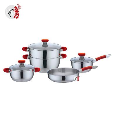 China Sustainable Stainless Steel Cookware Set 8 Piece Pots And Pans Set Stainless Steel With Red Silicone Handles Cookware Cooking Pot for sale