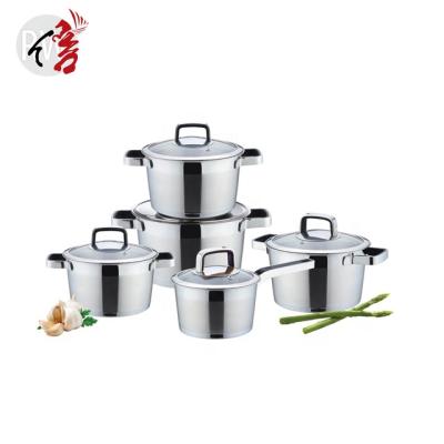 China Sustainable new design brush polish 10 pcs stainless steel cookware set colorful cool silicone handle and lid induction cooking set for sale