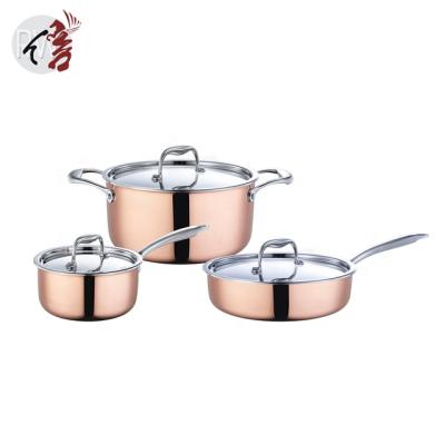 China Sustainable High Quality Italy Copper Cookware Triple Set 6 Pcs Kitchenware Pots And Pans for sale