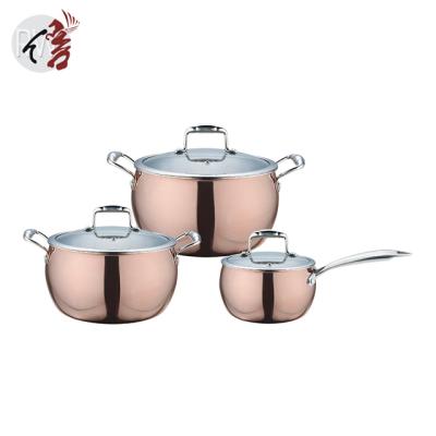 China Tri Fold Stainless Steel Sustainable Belly Shaped Cookware Cooper Pot Cooking Set for sale