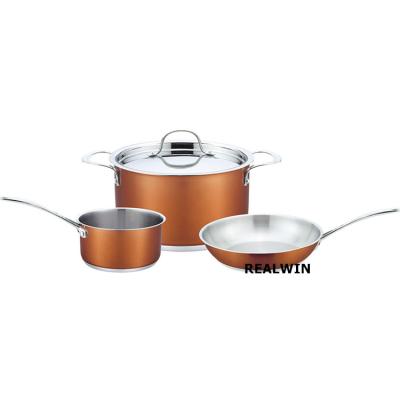 China Viable Color Handle Non Stick Cookware Set Tempered Glass Lid Realwin Kitchen Jars Stainless Steel Pot for sale