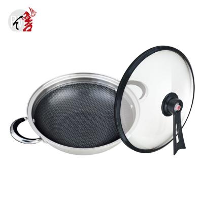 China Triple Set Stainless Steel Sustainable Cookware Non-Stick Wok With Honeycomb With Lid for sale