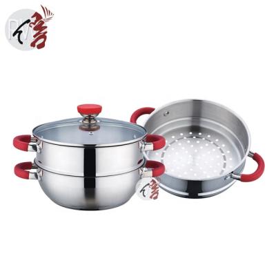 China 4PCS Stainless Steel Sustainable Steamer Set With Two Stock Pot Red Steam Protector Silicone Glass Lid for sale