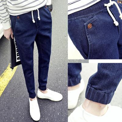 China Stone Washed Womens Slim Straight Leg Jeans With Elastic Waist Dark Blue for sale