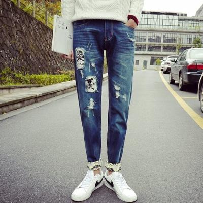 China Printed Flowers Womens Slim Straight Leg Jeans Middle Rise Stone Washed for sale