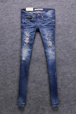 China Dark Blue Low Rise Women'S Straight Leg Jeans With Embroidered Rhinestone Diamond for sale