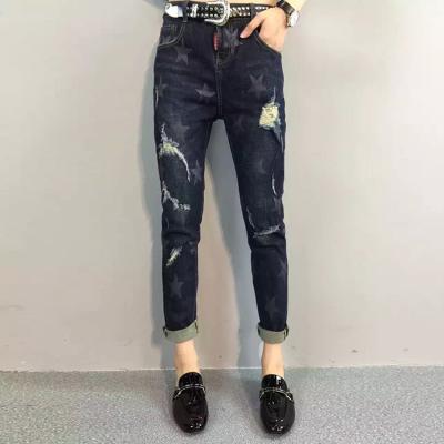 China Casual Style Women Printed Star Pattern Ripped Skinny Jeans With Embroidered Pocket for sale