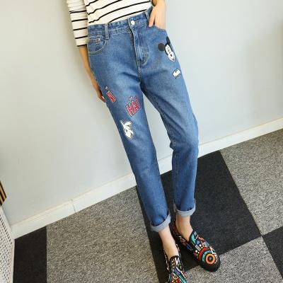 China Light Blue Printed Mickey Mouse Womens Skinny Stretch Jeans Ripped Button Closure for sale