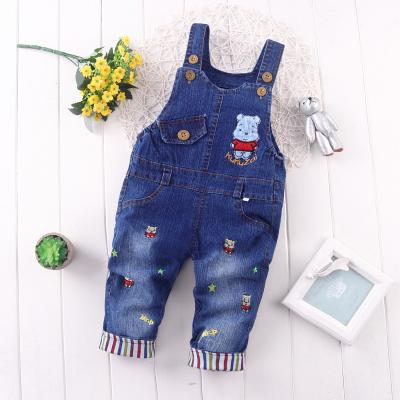 China Korean Style 100 Percent Cotton Kids Overall Jeans Cute Bear Pattern Medium Wash for sale