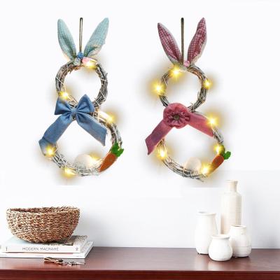 China 2021 Beautiful Colorful Easter Decoration White Rabbit Shape With Lamp Rattan Ring Easter Pendant With Lamp Garland for sale