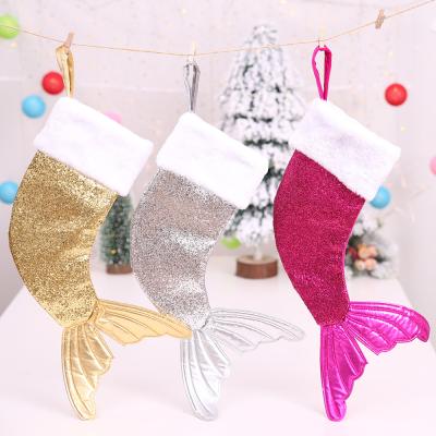 China 2021 Silver Sequin Christmas Tree Decoration Kids Mermaid Christmas Canvas Custom Stockings for sale