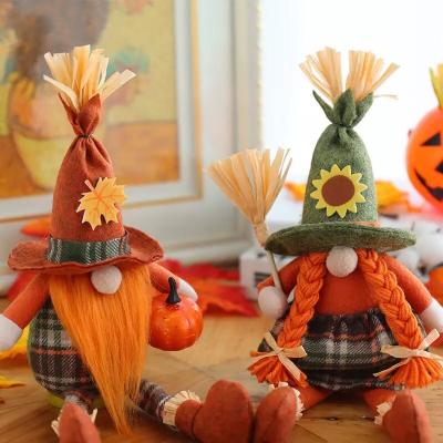 China Eco-Friendly Halloween Decor Plush Gnome Doll With Broom Pumpkin Maple Leaf Creative Faceless Doll Ornaments Thanksgiving Home Office Decor for sale