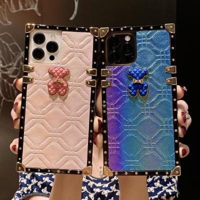 China New Designer Luxury Square Shockproof Bear Phone Case For iPhone 1112 pro XS Max 78 Plus Stylish Beaded Leather Mobile Cover for sale