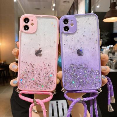 China 2022 Shockproof New Gradient Glitter Stand Phone Case With Lanyard For iPhone 11 12 13 pro XR Max XS X Max 7 8 plus For Samsung for sale