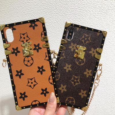 China Fashion Square Floral Square Design PU Leather Phone Cover For Iphone With Metal Hanging Chain for sale