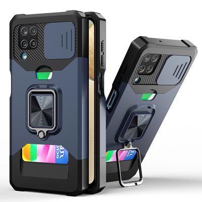 China Shockproof Samsung Galaxy A12 5G Armor Heavy Duty Case For Phone Ring Stand Card Slot Slide Camera Protector for sale