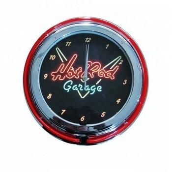 China China wholesale suppliers antique style drop shipping custom neon double garage clock hotrod garage wall clock for sale