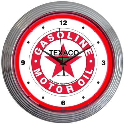 China Antique Style 15 Inch Round Shanghai Neon Antuo Factory Porcelain TEXACO Neon Glass Ring Clock Wall Clock for sale