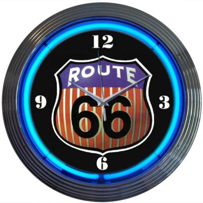 China Antique Style Shanghai Neon Antuo Factory Porcelain 15 Inch Black Shell Route 66 Clock Neon Wall Clocks for sale