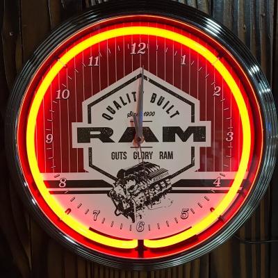 China Antique Style 15 Inch Ram Logo Clock Neon Wall Clock Silent Motion Neon Lamp Custom Neon Glass Sign Wall Clocks for sale