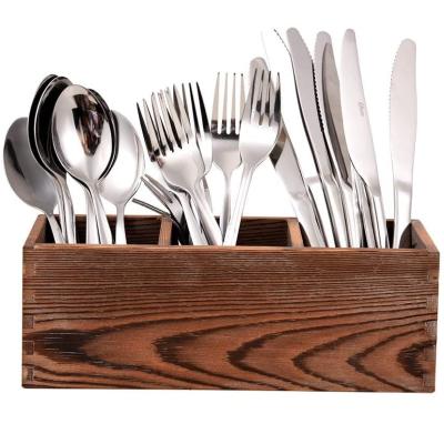 China Handmade Rustic Wood Utensil Rack Kitchen Countertop Box Cutlery Set Storage Box Adjustable Compartments for sale