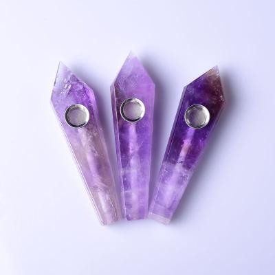 China Eco-friendly Quartz Crystal Natural Purple Amethyst Pipes Gemstone Crystal Smoking Pipes Weed Pipe for sale