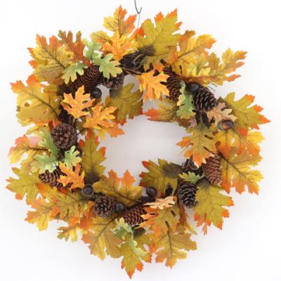 China Free Sample Rattan Support Making New Thanksgiving Autumn Wreath Simulation Maple Leaf Pine Cone Home Decoration Wreath for sale