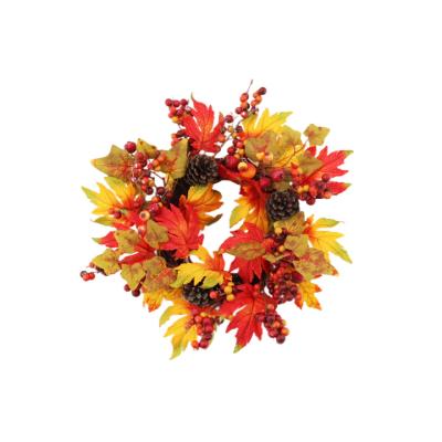 China Outdoor Thanksgiving Silk Faux Leaves Maple Pumpkin Round Rattan Home Decor Garland for sale