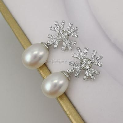 China Snowflake Snow Flakes Solid Silver CZ Natural Pearl Earrings Studs OEM ODM Customize Silver Rhodium Plated Pearl Earring Jewelry 925CZ for sale