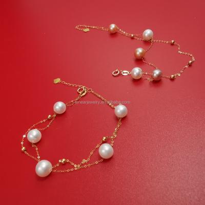 China AU750 natural pearl link bracelet real gold 18k gold thin genuine link pearl bracelet high quality pure solid romantic gold bracelet for sale