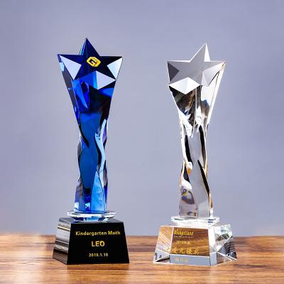 China Modern New creative blue crystal trophy custom logo with black base high-grade Pentagram company annual excellent staff souvenirs award for sale