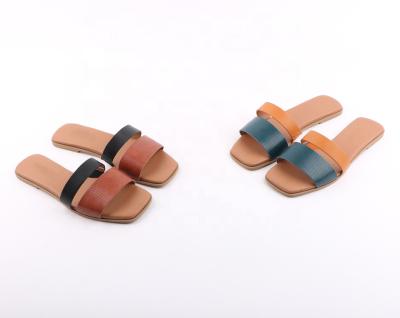 China 2021 Breathable Fashion PU Square Toe Flat Bottom Slippers Leisure High Quality Ladies Sandal for sale