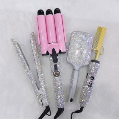 China Lcd Temperature Display Private Label High Temperature Ceramic Titanium Flat Iron Bling Diamond Pink Crystal Hair Straightener for sale