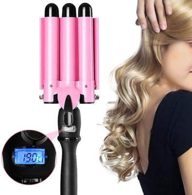 China Professional Classic Hair Salon Tool Adjustable Heat Settings 3 Iron Ceramic LCD Curler Hair Barrels Show Private Labeling Hair Curling Crimper for sale