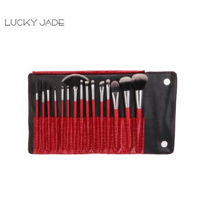 China Fan Brush Private Label Face 15pcs Professional Red Eyebrow Eyelash Cosmetic Make Up Brush Set With Goat Hair And Leather Case for sale