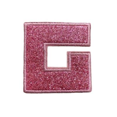 China New Sustainable Pink Glittering Powder Letters Embroidery Patch For Apparel Shoes And Hats for sale