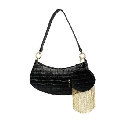 China PORTABLE Fashion Alligator Strap Shoulder Bags Tassel Coin Purse Genuine Leather Detachable Handbags Women Refine Armpit Bag Black for sale