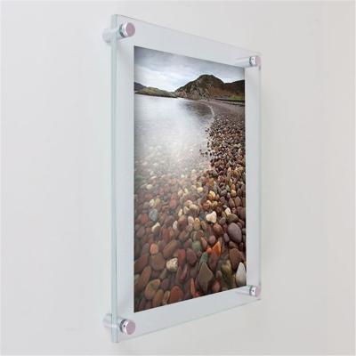 China High End Acrylic Glamdisplay Wall Mounted Sign Holders Floating Pictures Acrylic Photo Frame For Glass Wall for sale