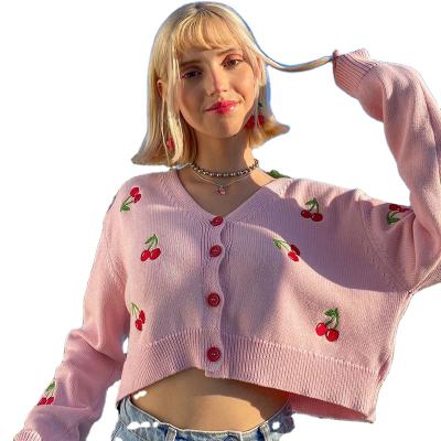 China 2021 Winter Korean Style Anti-wrinkle Customize Cherry Embroidery Girls Crop Top Mujer Knitted Women's Cardigan Sweaters for sale