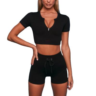 China Breathable Women Seamless Zipper Tight Fitness Stylish Sexy Two Pieces And Top Yoga Crop Shirt Gaiters Shorts Activewear Sets for sale