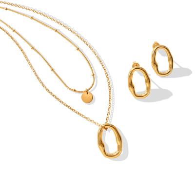 China Retro FASHIONABLE French Ellipse Shaped Necklace and Earrings Gold Plated Jewelry Double Layer Necklace and Earrings Set for sale