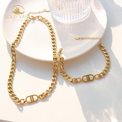 China Fashionable CD Pattern Letter Stainless Steel GOLDV Thick Chain Necklace Bracelet Jewelry Set for sale