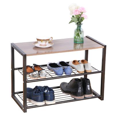 China Adjustable Industrial Style Ins Style Storage Shelf Wood Shoe Rack Iron Metal Shoe Rack With Bench for sale