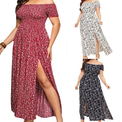 China Sheer Layer 2022 Bohemian Off Shoulder Slit 100% Viscose Beach Party Sundress Floral Summer Women Plus Size Long Maxis Dress for sale